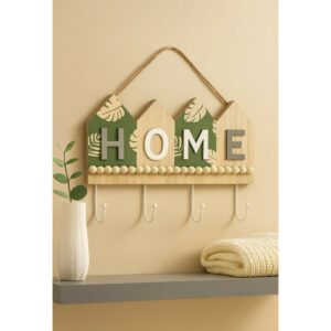 Rustic Wooden Wall Key Holder with “HOME” Letter Design – Decorative Wall Hanging with 4 Sturdy Hooks and Rope Hanger – Ideal for Entryway, Living Room, Kitchen, Bedroom, Office, and Housewarming Gifting