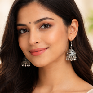 Traditional elegant silver oxidised hook jhumka earrings